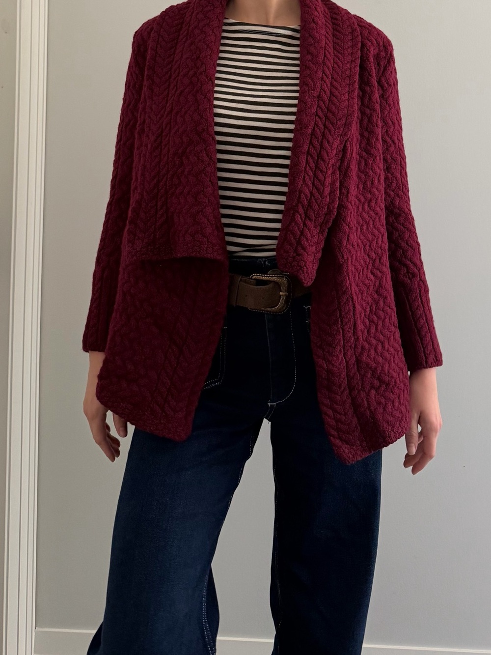 Cable Knit Irish Open-Front Cardigan Sweater - Burgundy